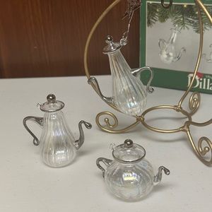 Dillards Trimmings Set of 3 Tea pots Blown Glass Ornaments